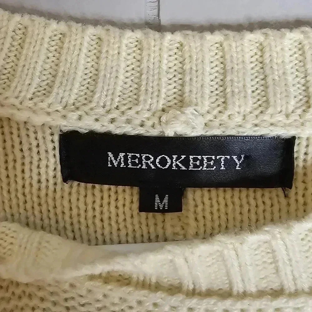 MEROKEETY Cream Pull Over Sweater, Medium - Picture 4 of 5